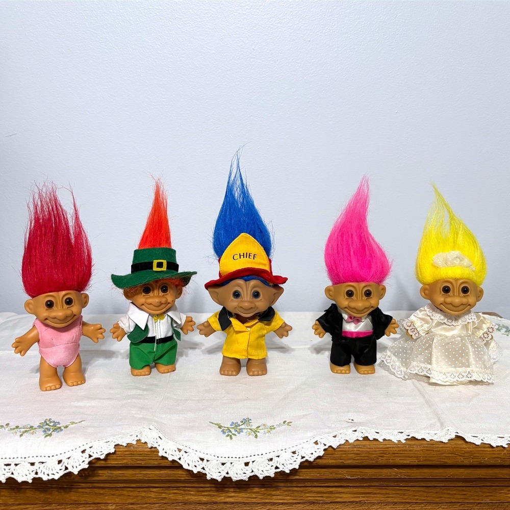 Vintage Russ Berrie Ace Novelty‎ Troll Doll Lot 5 Bride Groom Fire Chief 1990s